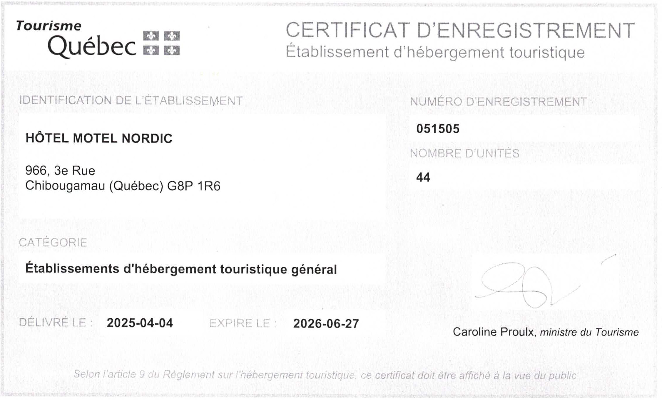 Permis d'hébergement hôtelier CITQ